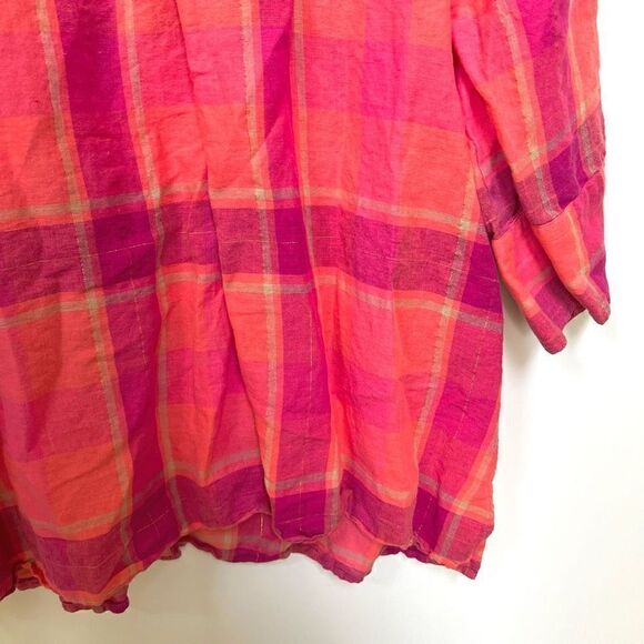 Catherines Linen Blend Plaid Button Up Shirt Top Pink Coral Gold size 1X - Picture 10 of 11